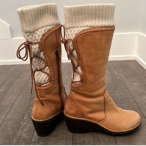 UGG Skylar Wedge Tan Nubuck Leather Lace Up Knee High Boots Size 7
